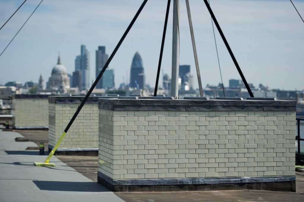 London skyline from the roof of a building.