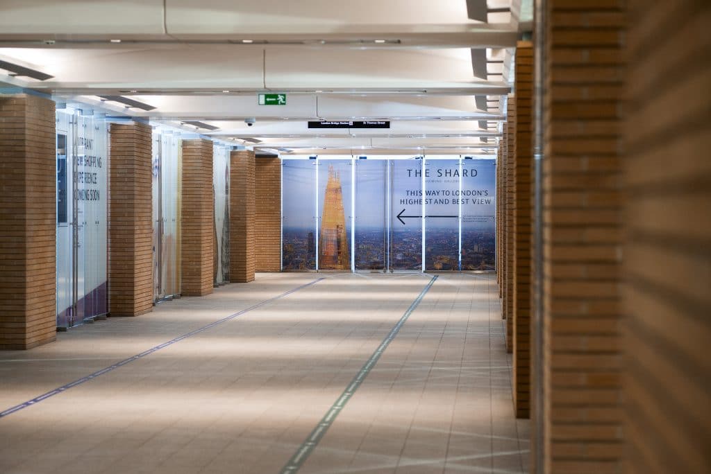 A hallway with a large window.