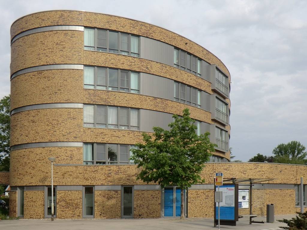 distance view large brick building curved