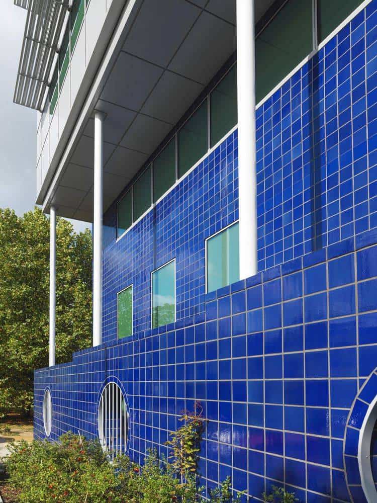 A blue tiled wall.