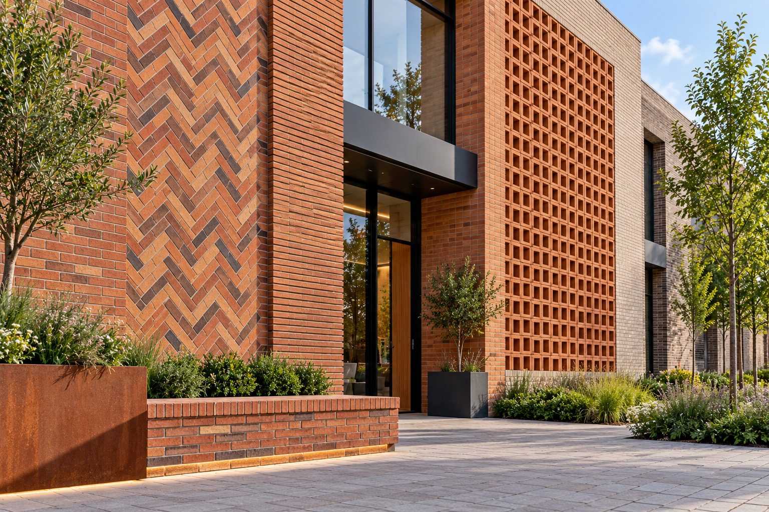 Contemporary brick building exterior featuring creative brick patterns, herringbone brickwork and architectural terracotta cladding.