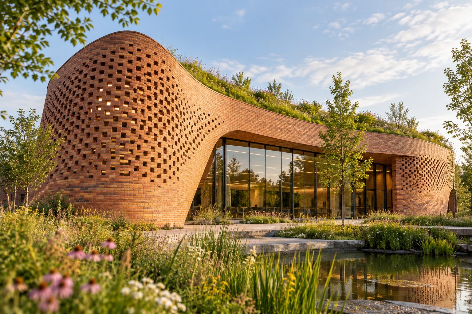 Biomimetic curved brick building with a green roof surrounded by natural landscaping and wetlands.