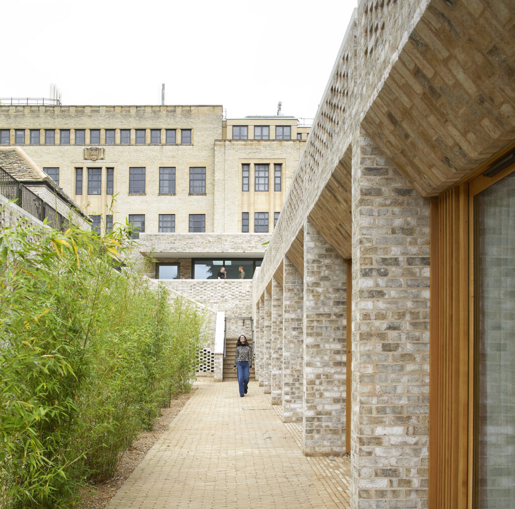 A person walks down a brick pathway lined with bamboo plants, beside modern brick buildings with large windows under an overcast sky.