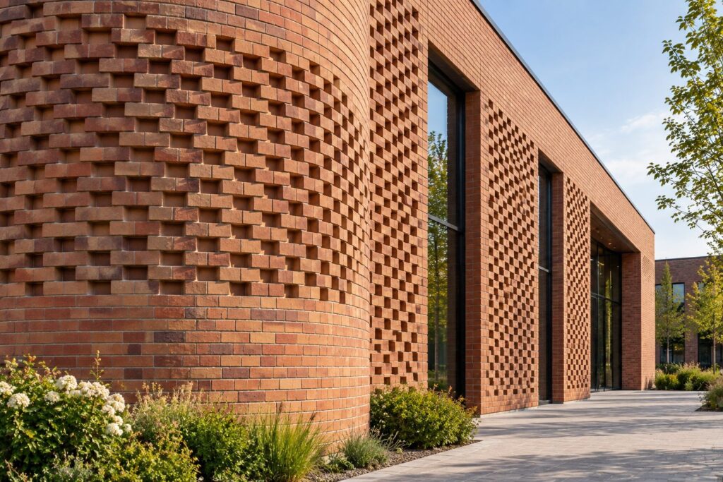 Sculptured brickwork façade with projecting bricks forming a curved three-dimensional pattern and chequered relief